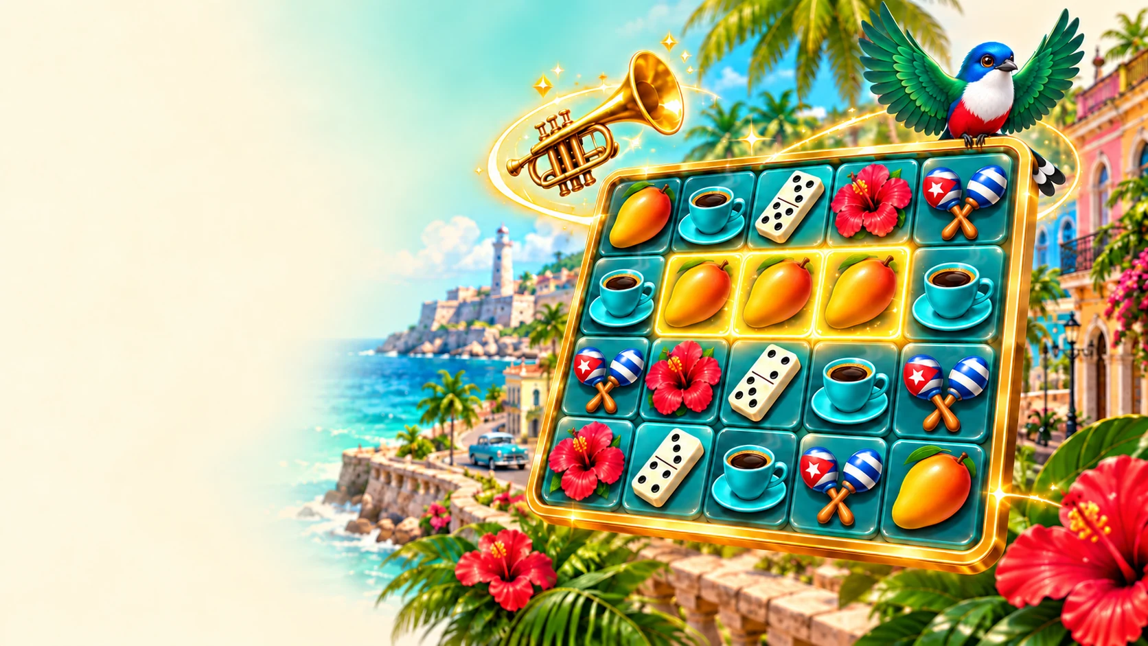 Tablero ilustrado con tres mangos consecutivos resaltados por igual, café turquesa, dominó, maracas y flores del juego.